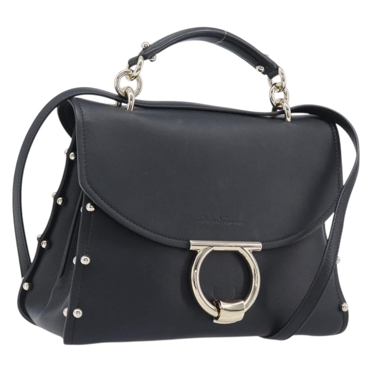 Salvatore Ferragamo Gancini Hand Bag Leather 2way Black Gold Auth 167828V