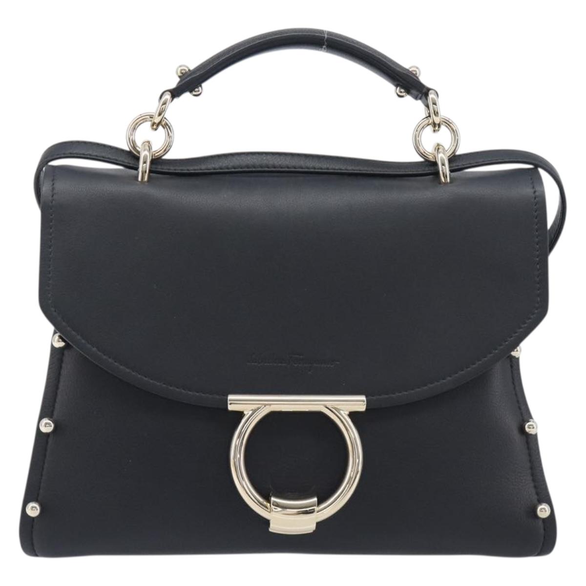Salvatore Ferragamo Gancini Hand Bag Leather 2way Black Gold Auth 167828V