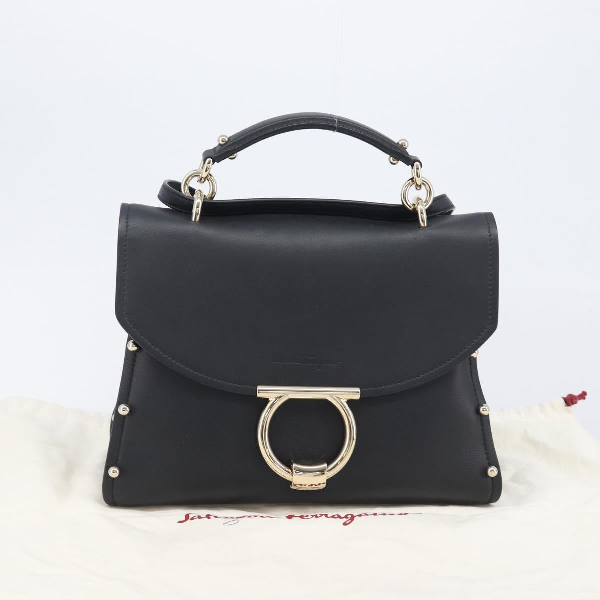 Salvatore Ferragamo Gancini Hand Bag Leather 2way Black Gold Auth 167828V