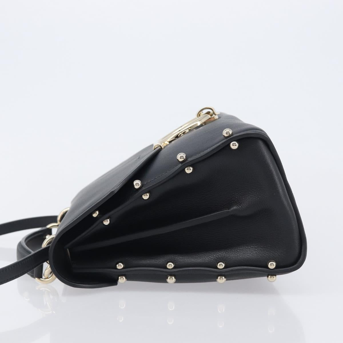 Salvatore Ferragamo Gancini Hand Bag Leather 2way Black Gold Auth 167828V