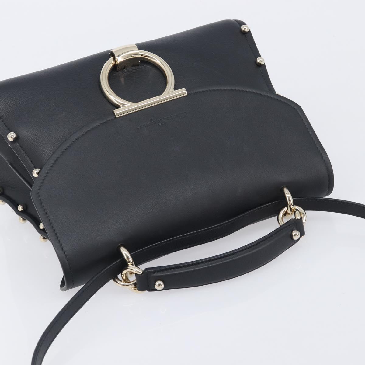 Salvatore Ferragamo Gancini Hand Bag Leather 2way Black Gold Auth 167828V