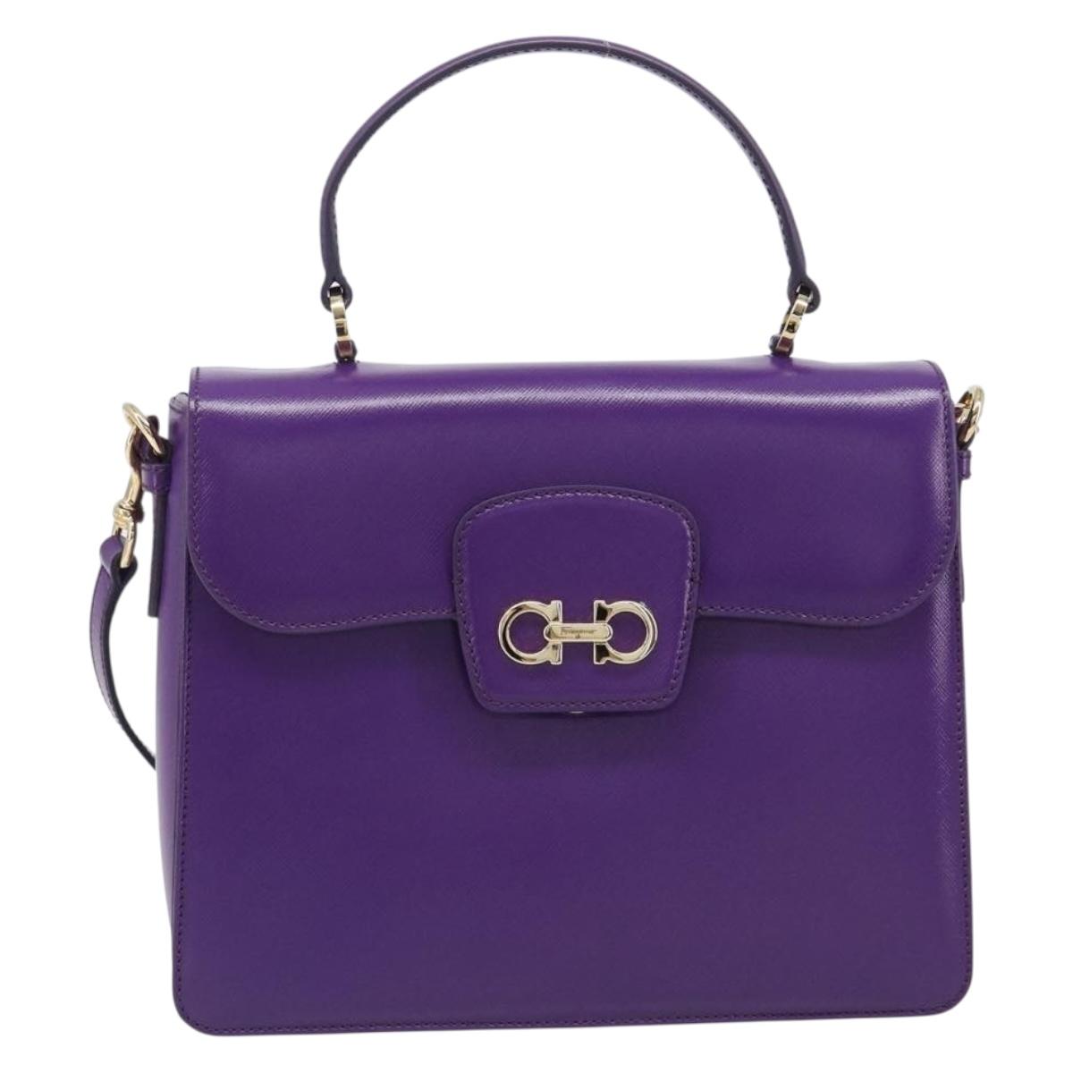 Salvatore Ferragamo Gancini Hand Bag Leather 2way Purple Gold Auth 167829V