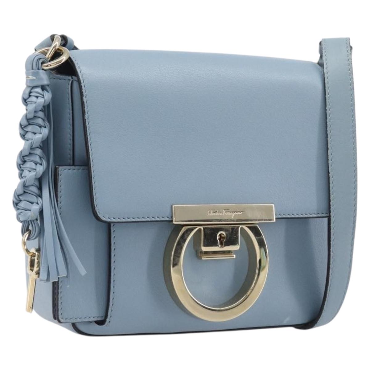 Salvatore Ferragamo Gancini Shoulder Bag Leather Light Blue Gold Auth 167830V