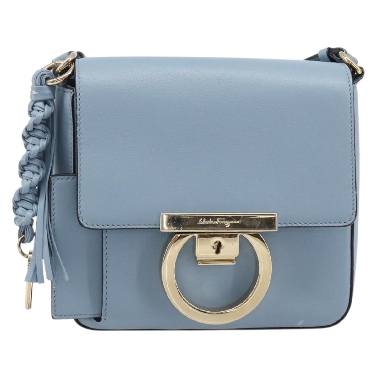 Salvatore Ferragamo Gancini Shoulder Bag Leather Light Blue Gold Auth 167830V