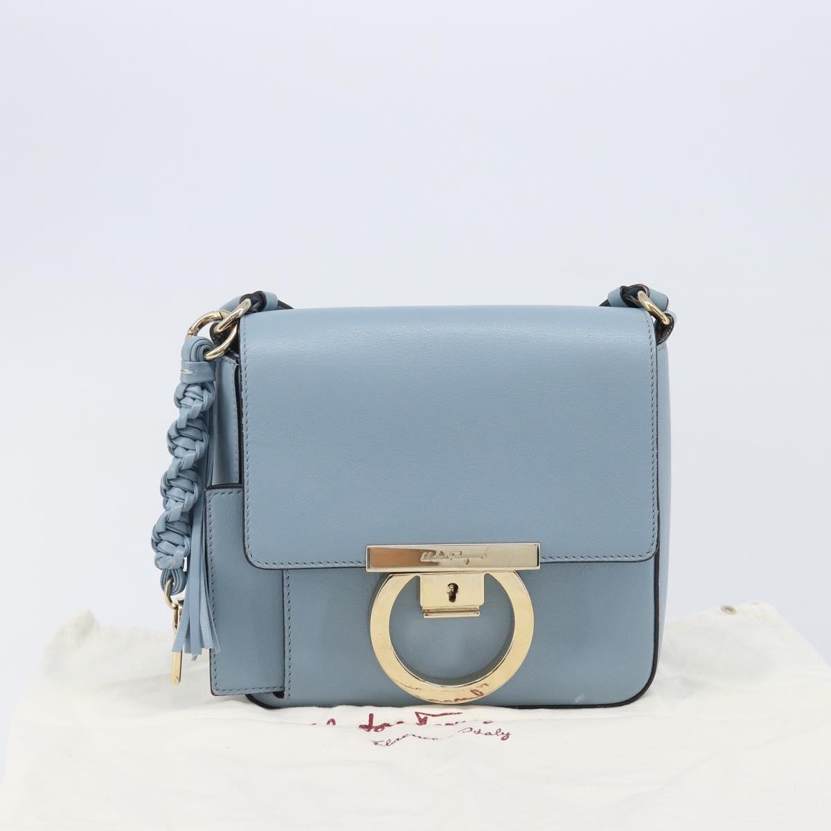 Salvatore Ferragamo Gancini Shoulder Bag Leather Light Blue Gold Auth 167830V