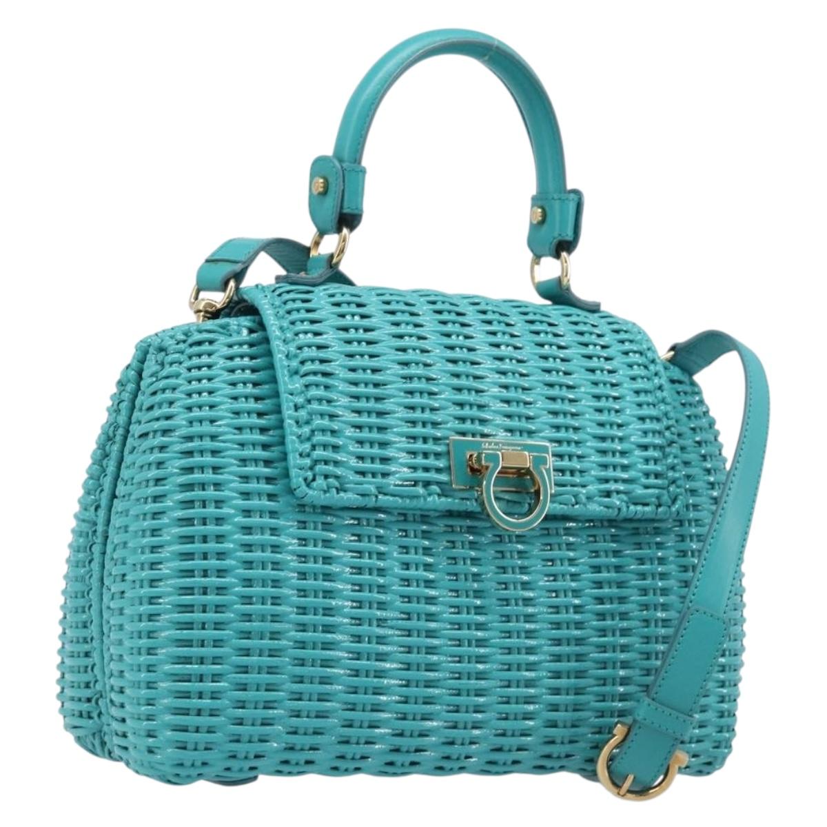 Salvatore Ferragamo Gancini Hand Bag Rattan Turquoise Blue Gold Auth 167831V