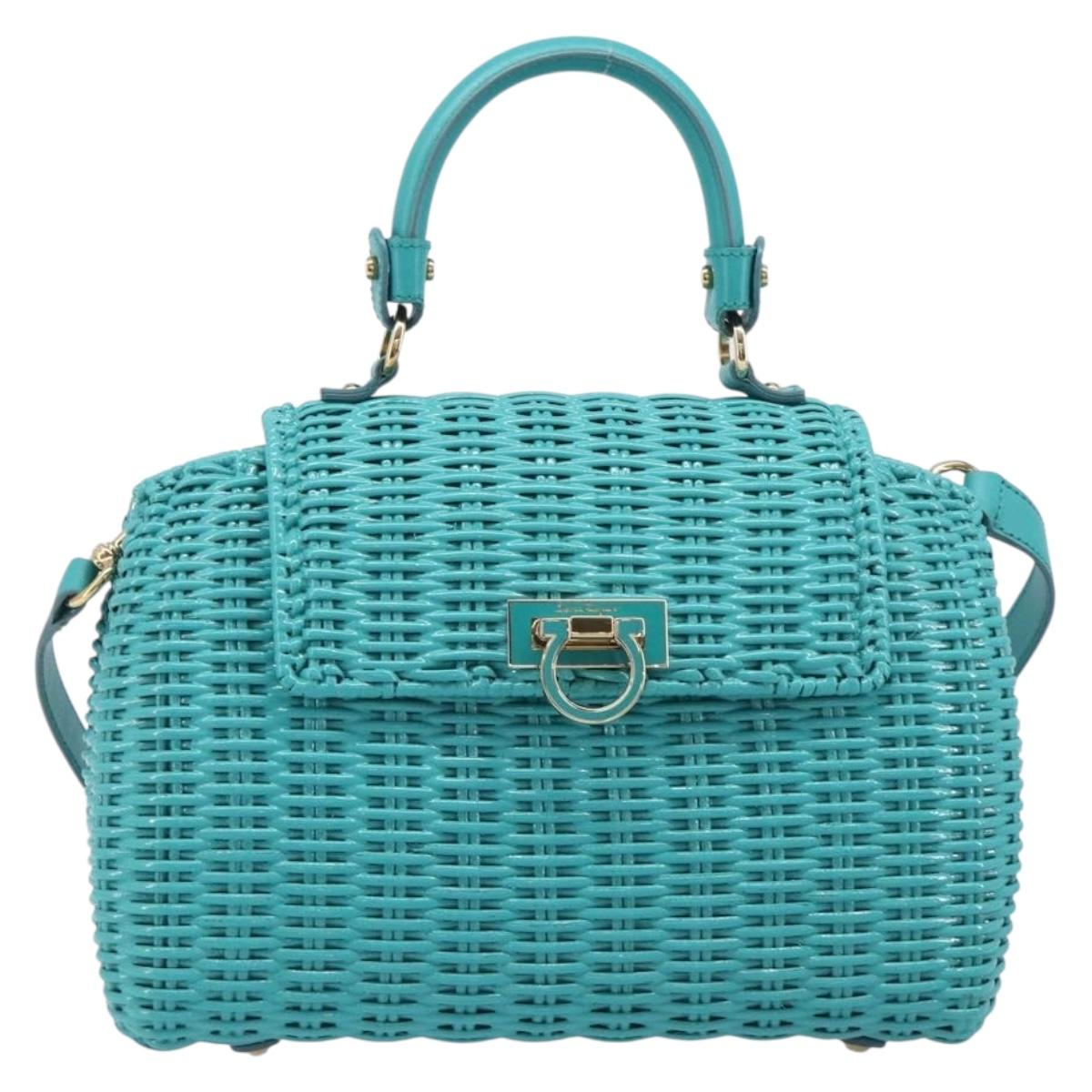 Salvatore Ferragamo Gancini Hand Bag Rattan Turquoise Blue Gold Auth 167831V