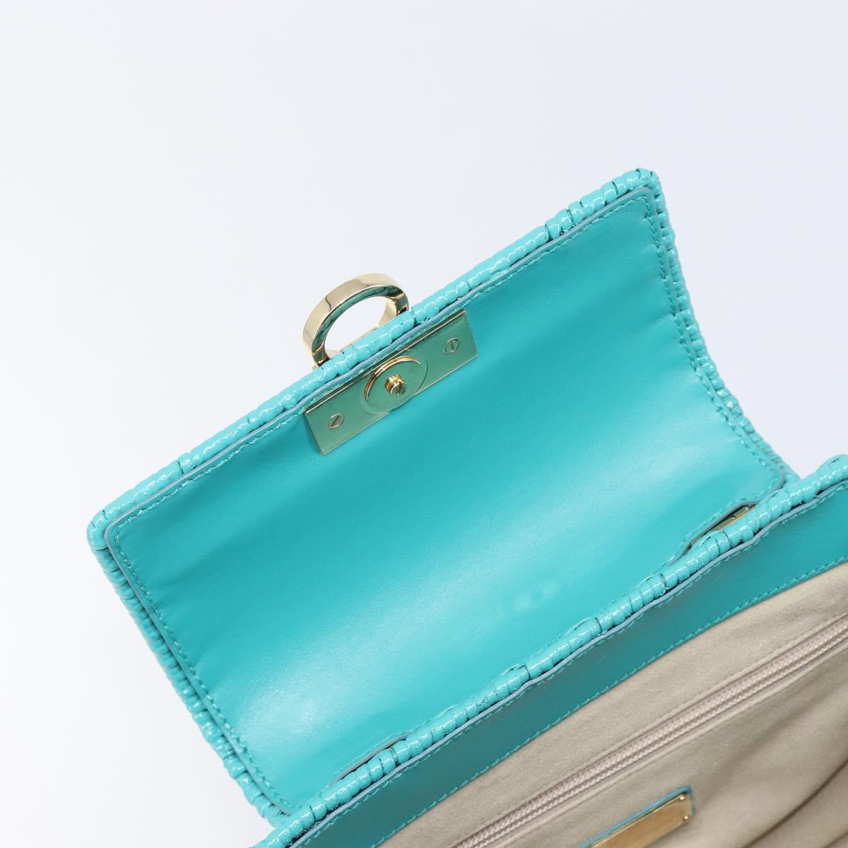 Salvatore Ferragamo Gancini Hand Bag Rattan Turquoise Blue Gold Auth 167831V