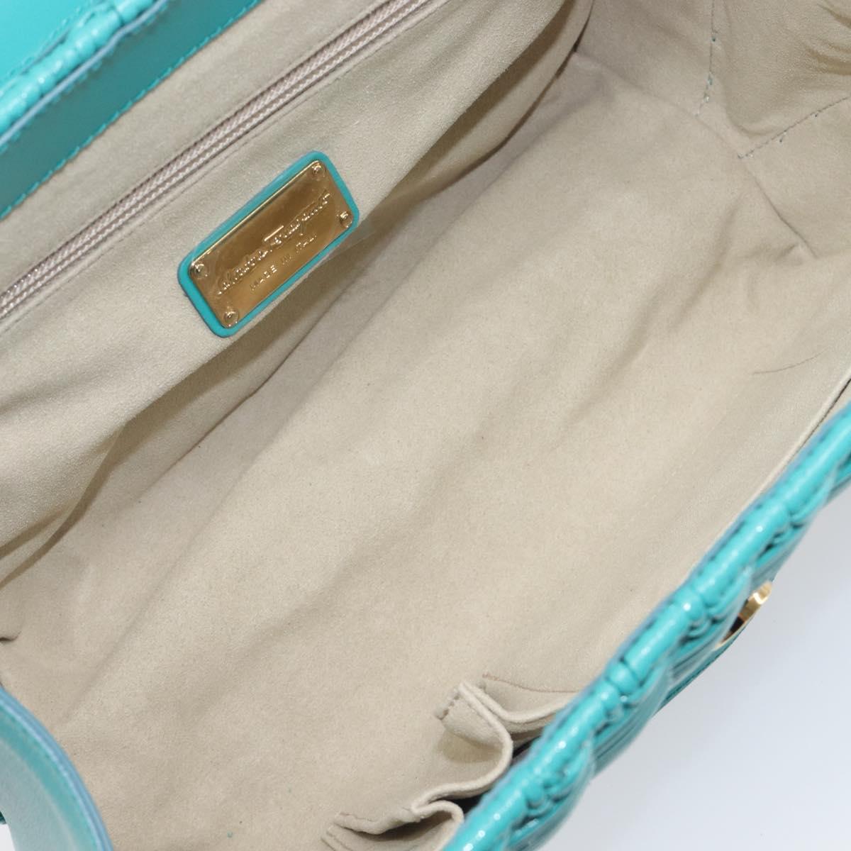 Salvatore Ferragamo Gancini Hand Bag Rattan Turquoise Blue Gold Auth 167831V