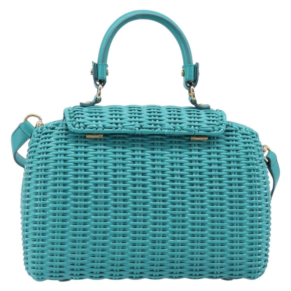 Salvatore Ferragamo Gancini Hand Bag Rattan Turquoise Blue Gold Auth 167831V