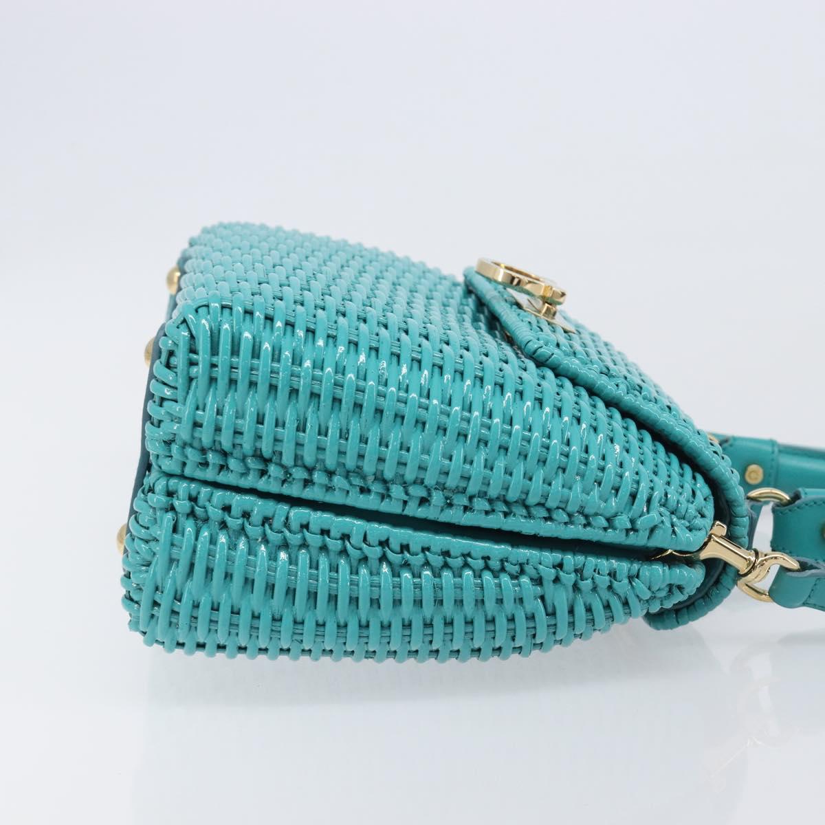 Salvatore Ferragamo Gancini Hand Bag Rattan Turquoise Blue Gold Auth 167831V