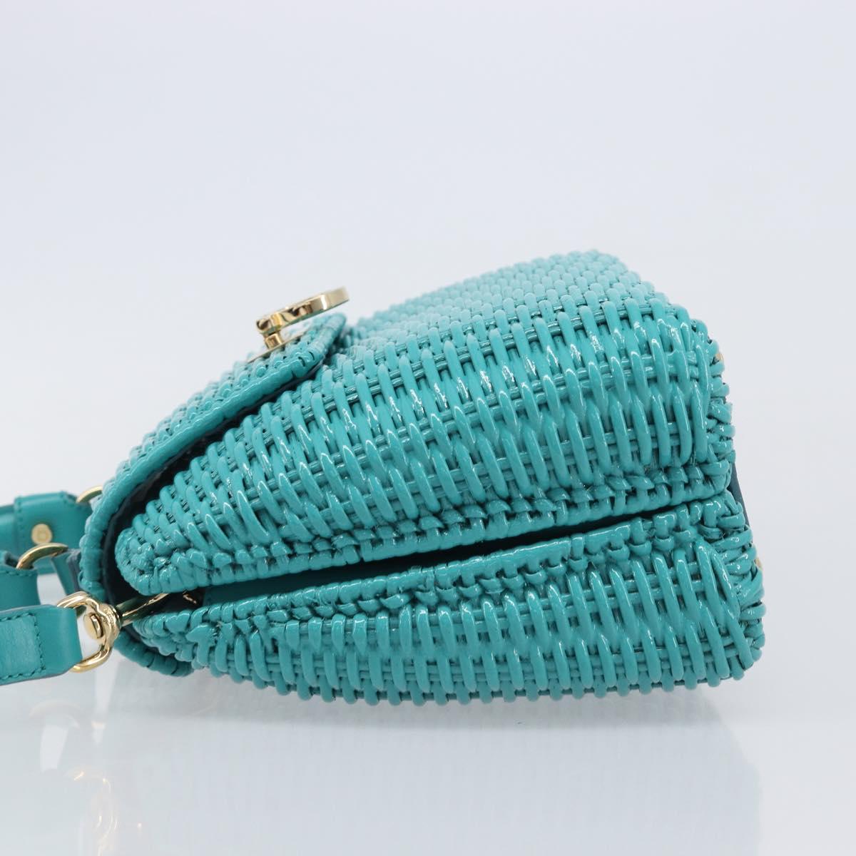Salvatore Ferragamo Gancini Hand Bag Rattan Turquoise Blue Gold Auth 167831V