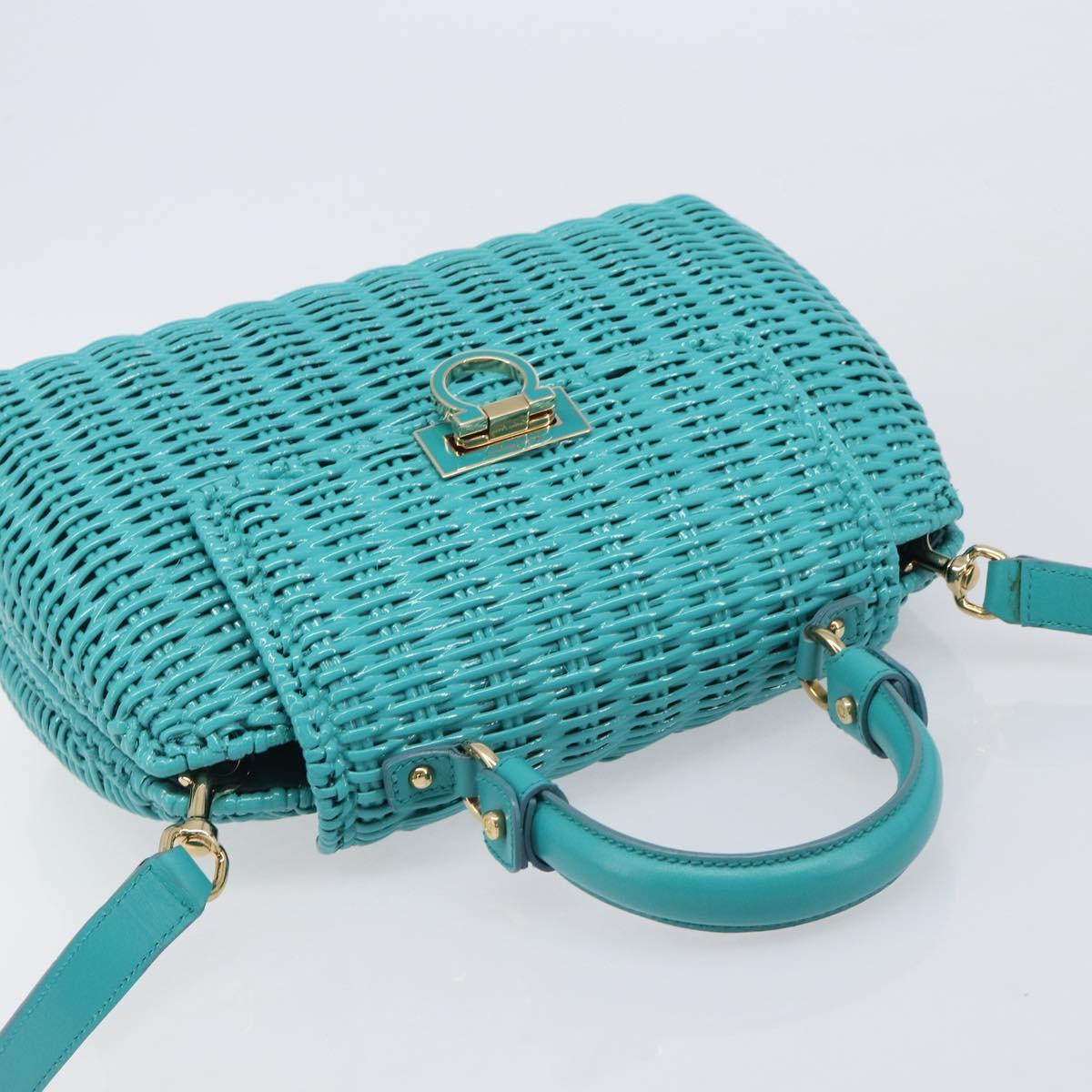 Salvatore Ferragamo Gancini Hand Bag Rattan Turquoise Blue Gold Auth 167831V
