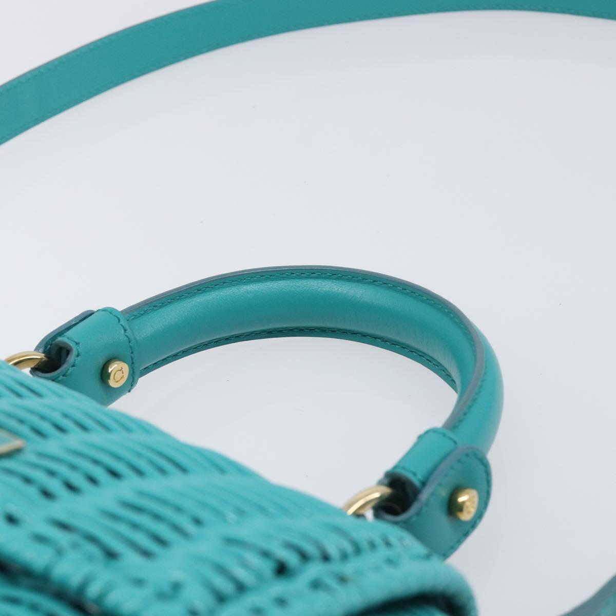 Salvatore Ferragamo Gancini Hand Bag Rattan Turquoise Blue Gold Auth 167831V