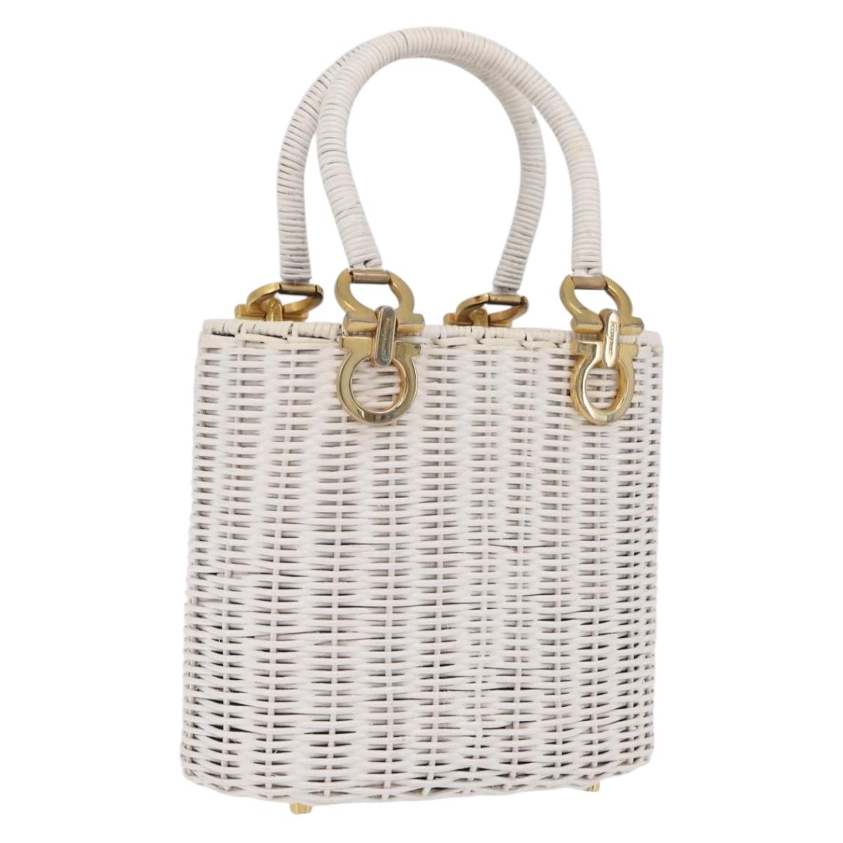 Salvatore Ferragamo Ganchei Hand Bag Rattan White Gold Auth 167833A