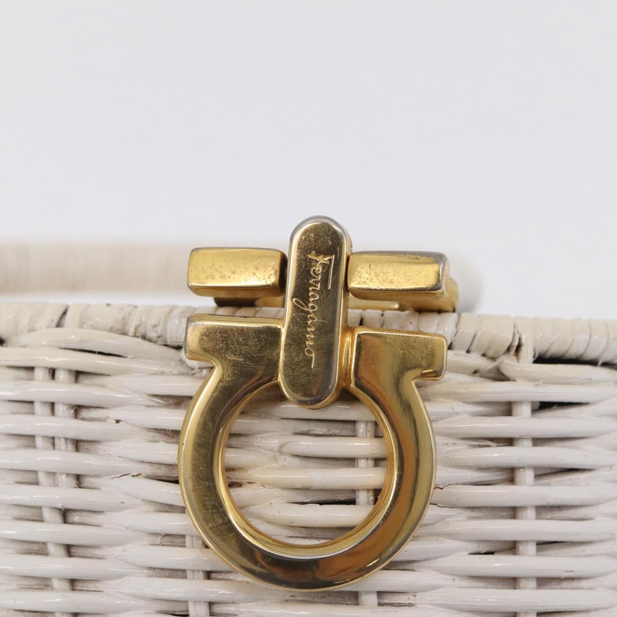 Salvatore Ferragamo Ganchei Hand Bag Rattan White Gold Auth 167833A