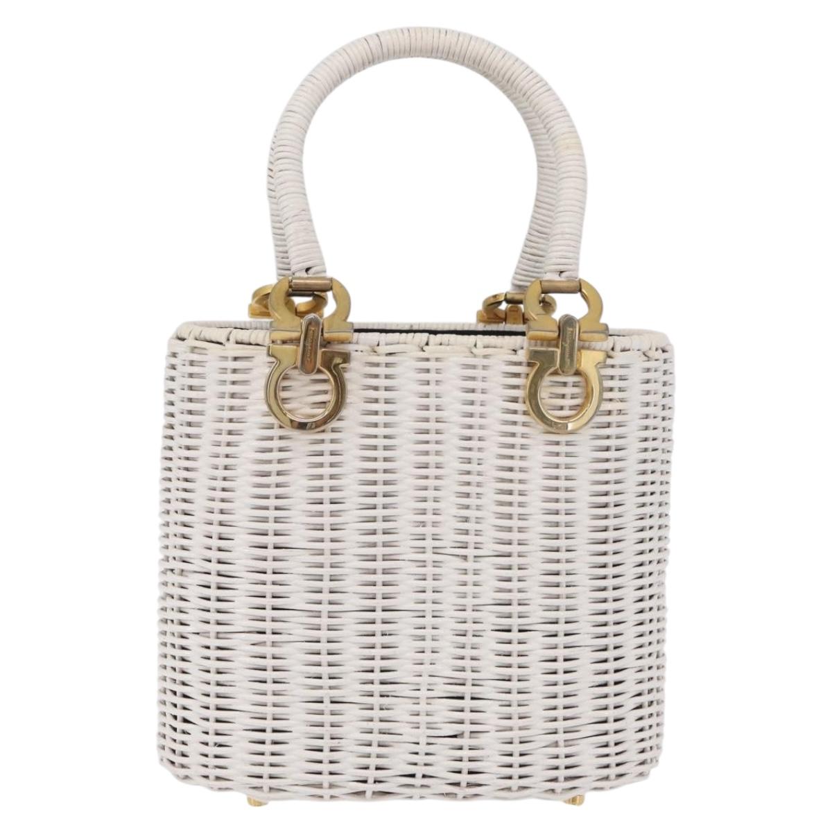 Salvatore Ferragamo Ganchei Hand Bag Rattan White Gold Auth 167833A