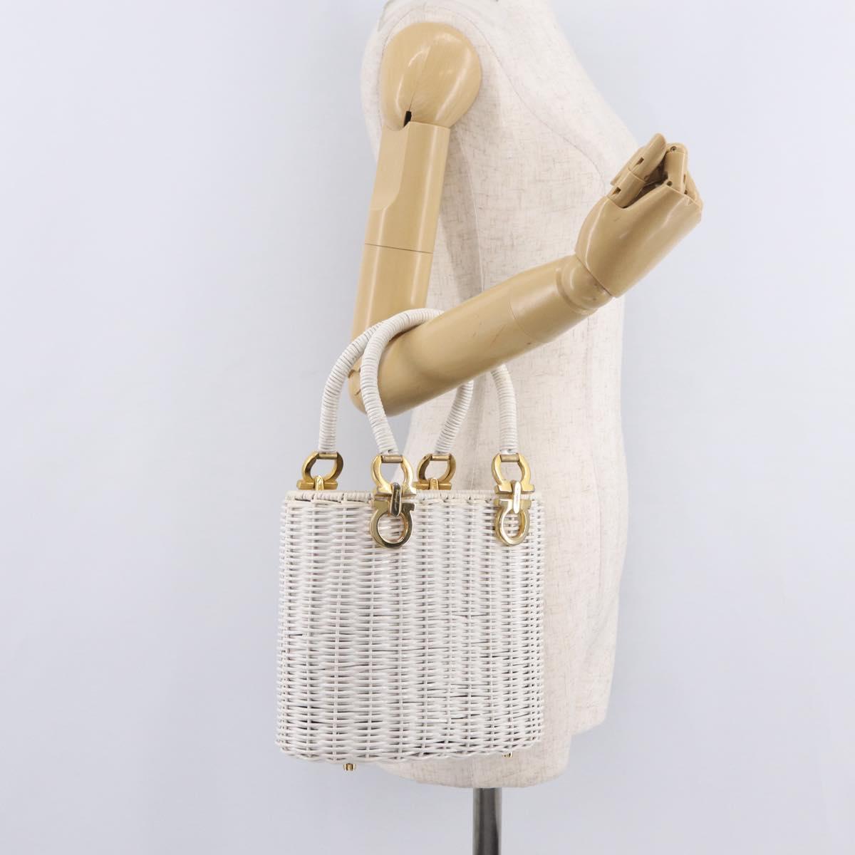 Salvatore Ferragamo Ganchei Hand Bag Rattan White Gold Auth 167833A