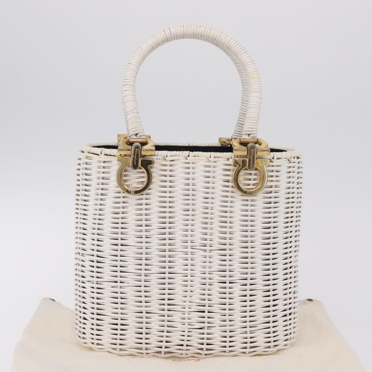 Salvatore Ferragamo Ganchei Hand Bag Rattan White Gold Auth 167833A