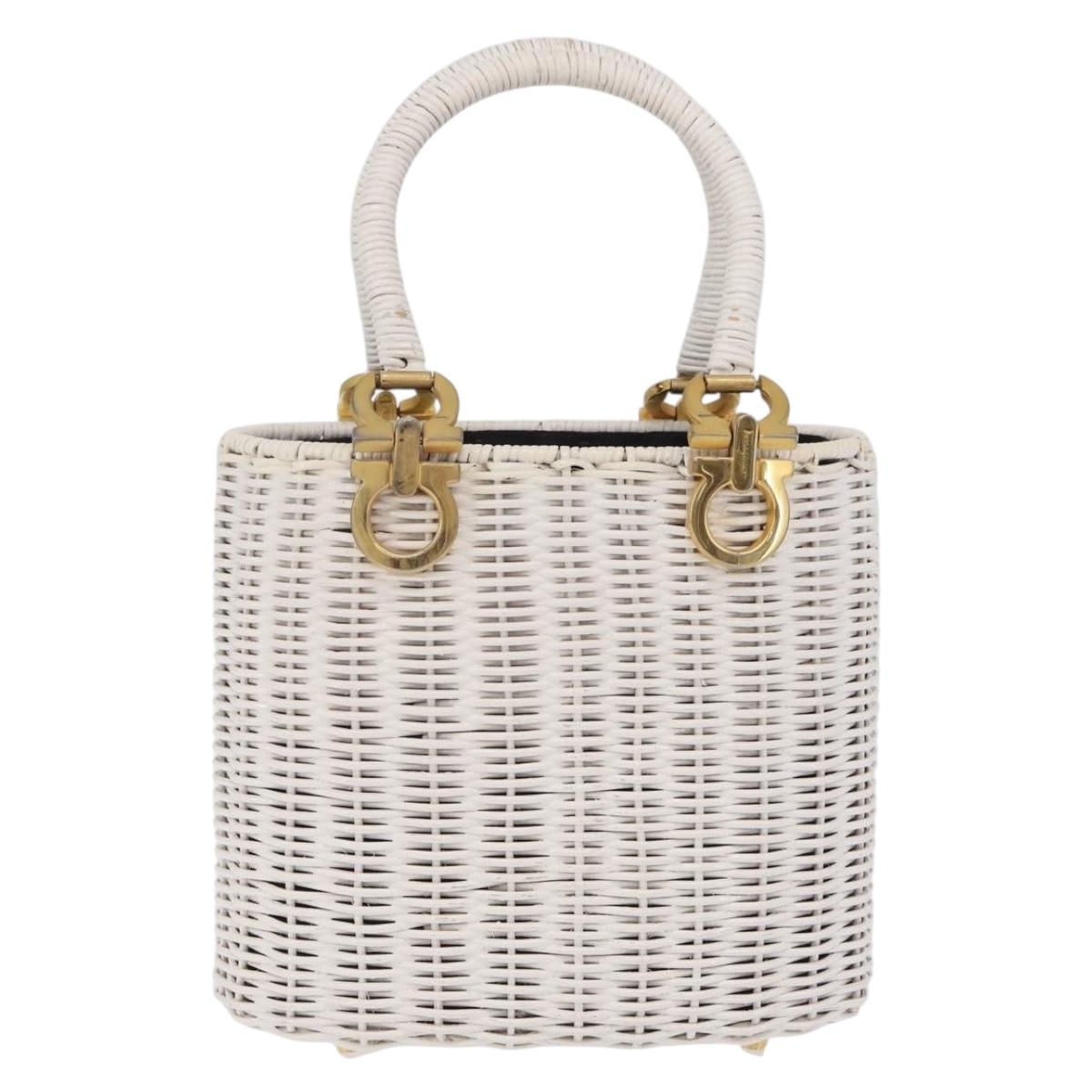Salvatore Ferragamo Ganchei Hand Bag Rattan White Gold Auth 167833A