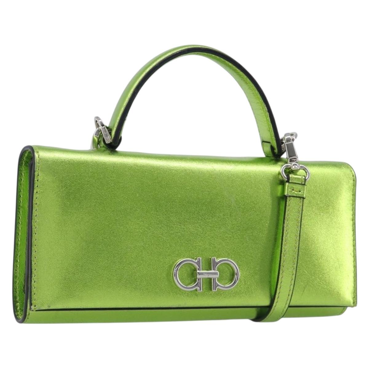 Salvatore Ferragamo Gancini Hand Wallet Leather 2way Metallic Green Auth 167835V