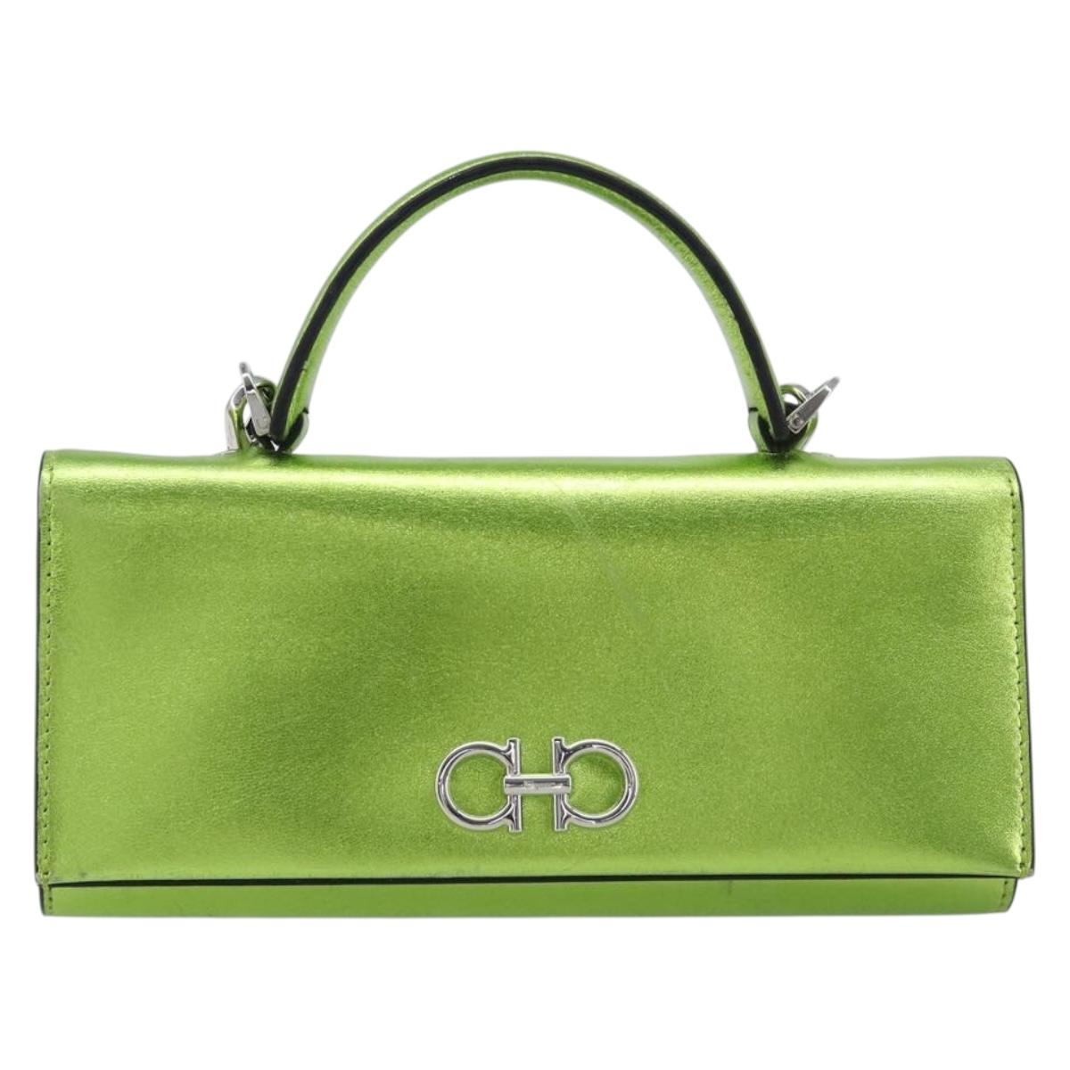 Salvatore Ferragamo Gancini Hand Wallet Leather 2way Metallic Green Auth 167835V