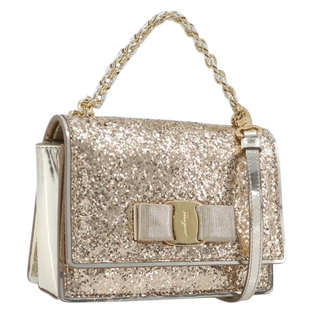 Salvatore Ferragamo Vala Chain Hand Bag Enamel 2way Champagne Gold Auth 167836V