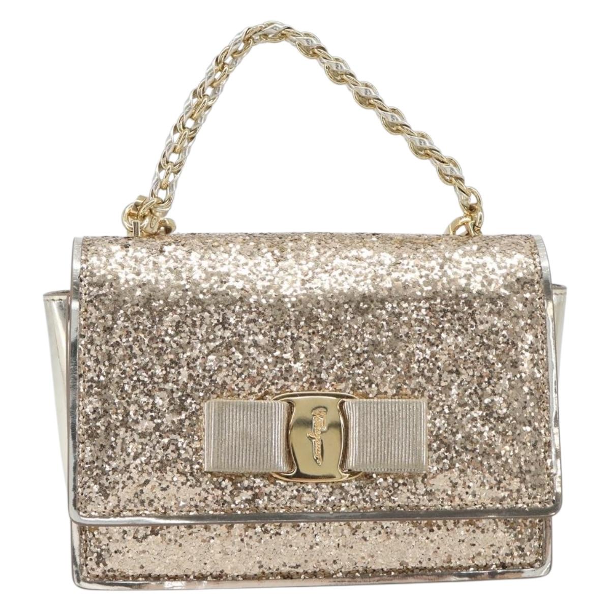 Salvatore Ferragamo Vala Chain Hand Bag Enamel 2way Champagne Gold Auth 167836V