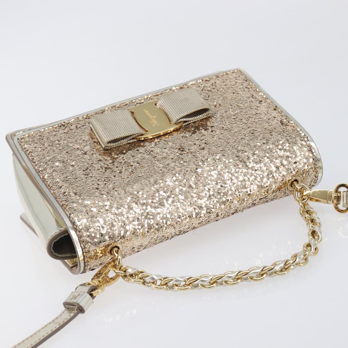 Salvatore Ferragamo Vala Chain Hand Bag Enamel 2way Champagne Gold Auth 167836V
