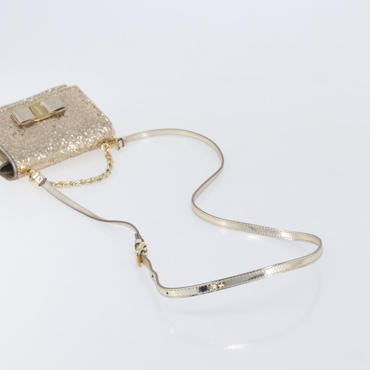 Salvatore Ferragamo Vala Chain Hand Bag Enamel 2way Champagne Gold Auth 167836V