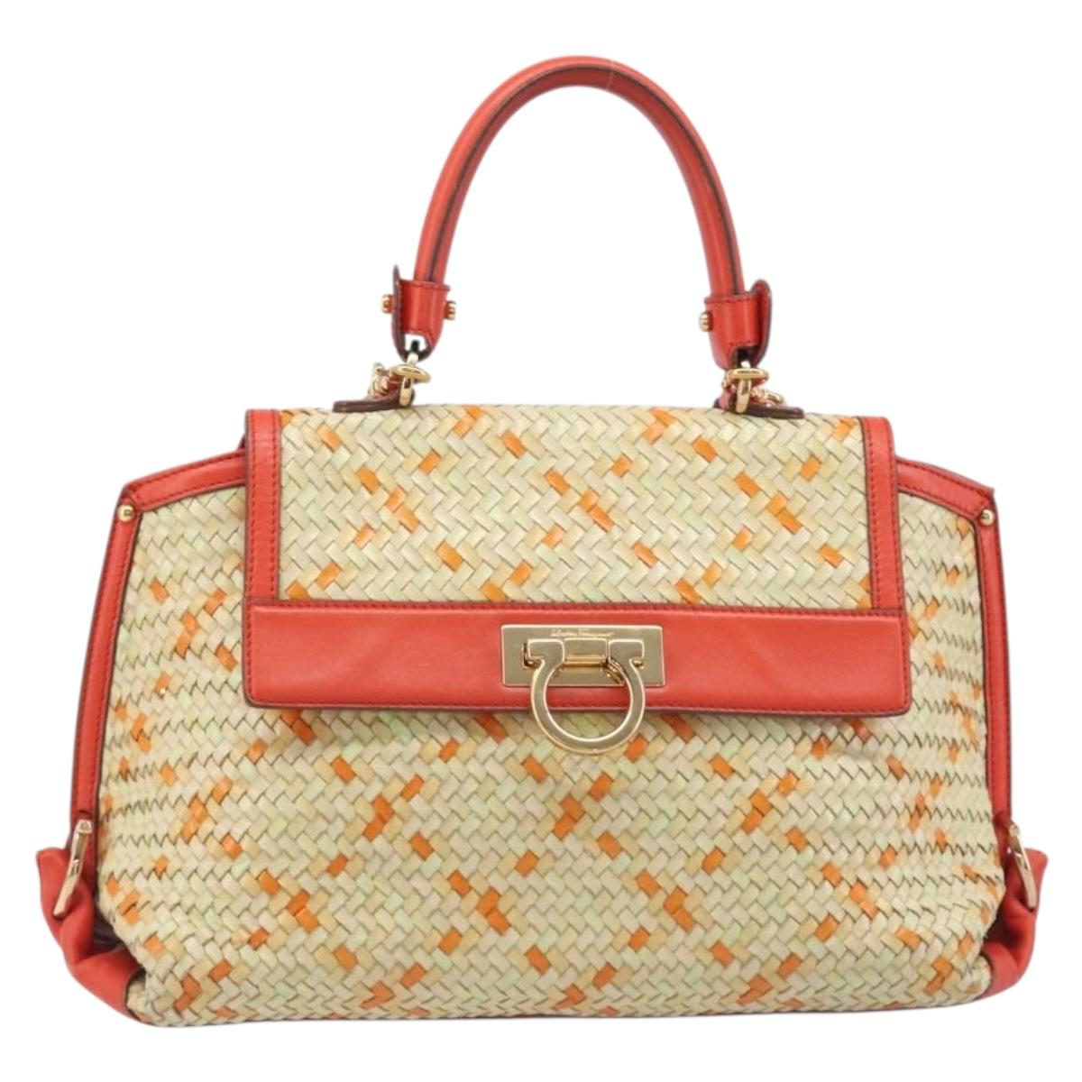 Salvatore Ferragamo Hand Bag Leather 2way Orange Gold Auth 167837A