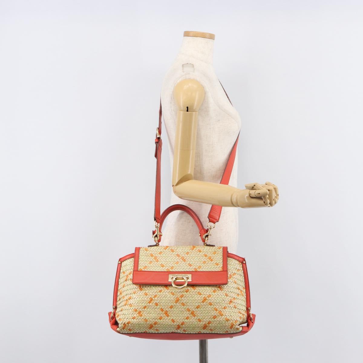 Salvatore Ferragamo Hand Bag Leather 2way Orange Gold Auth 167837A