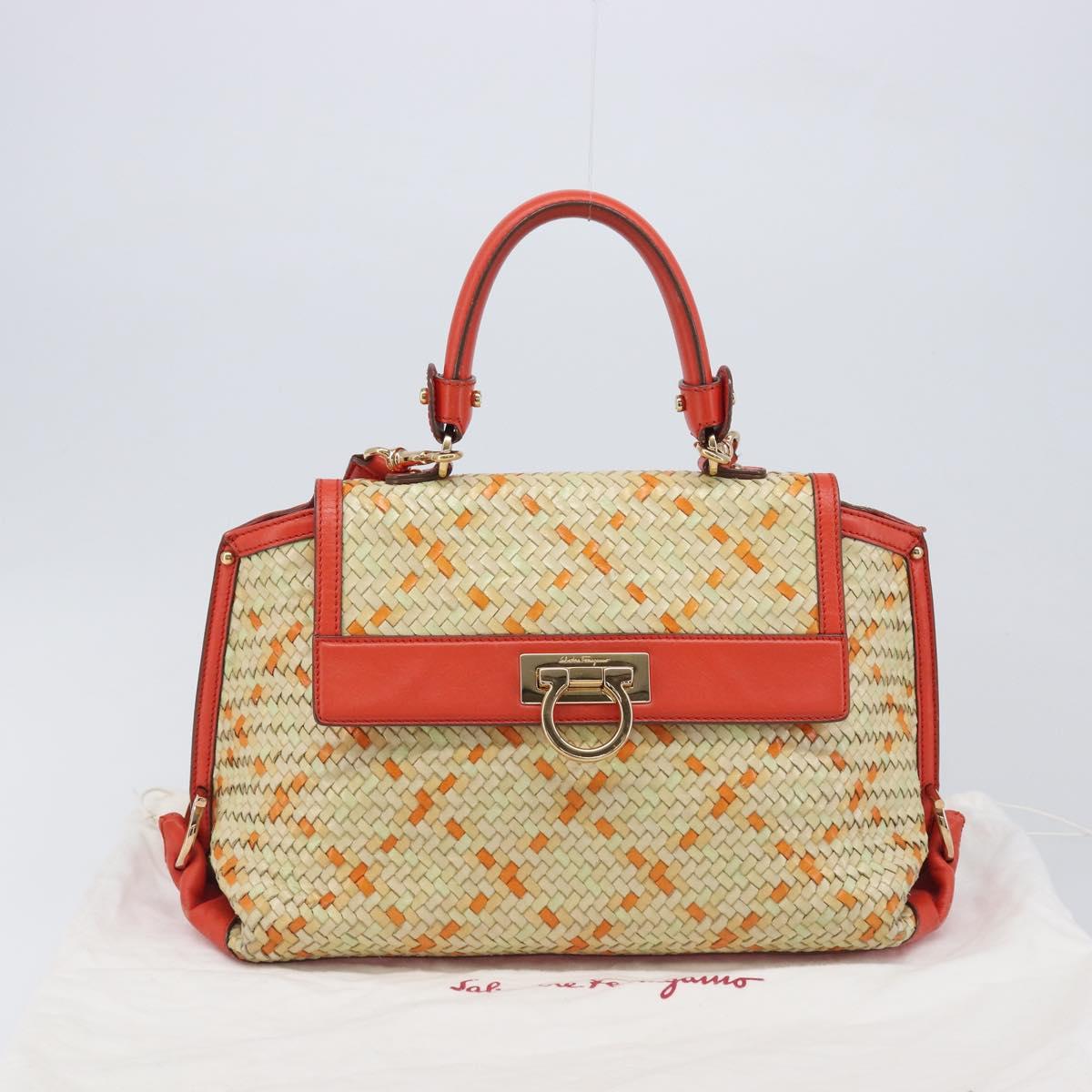 Salvatore Ferragamo Hand Bag Leather 2way Orange Gold Auth 167837A