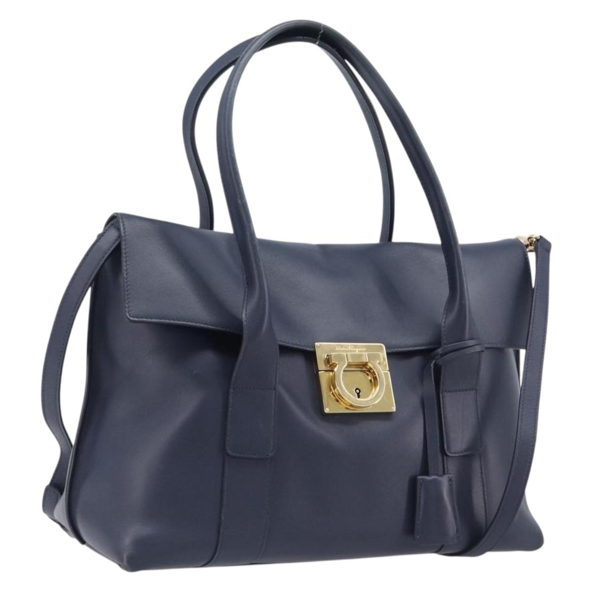 Salvatore Ferragamo Hand Bag Leather 2way Navy Gold Auth 167838A