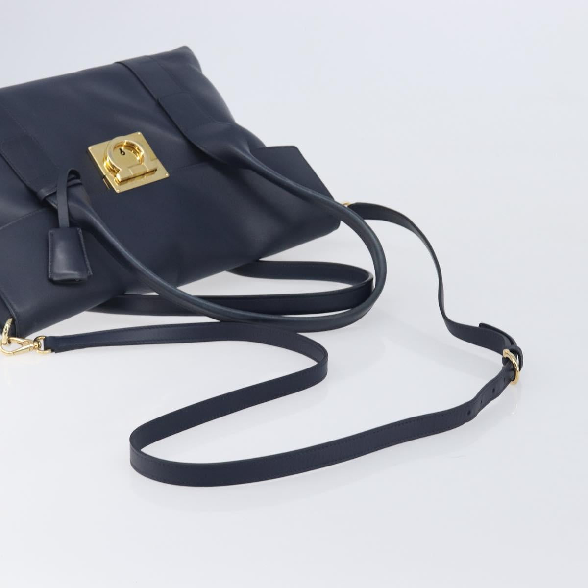 Salvatore Ferragamo Hand Bag Leather 2way Navy Gold Auth 167838A