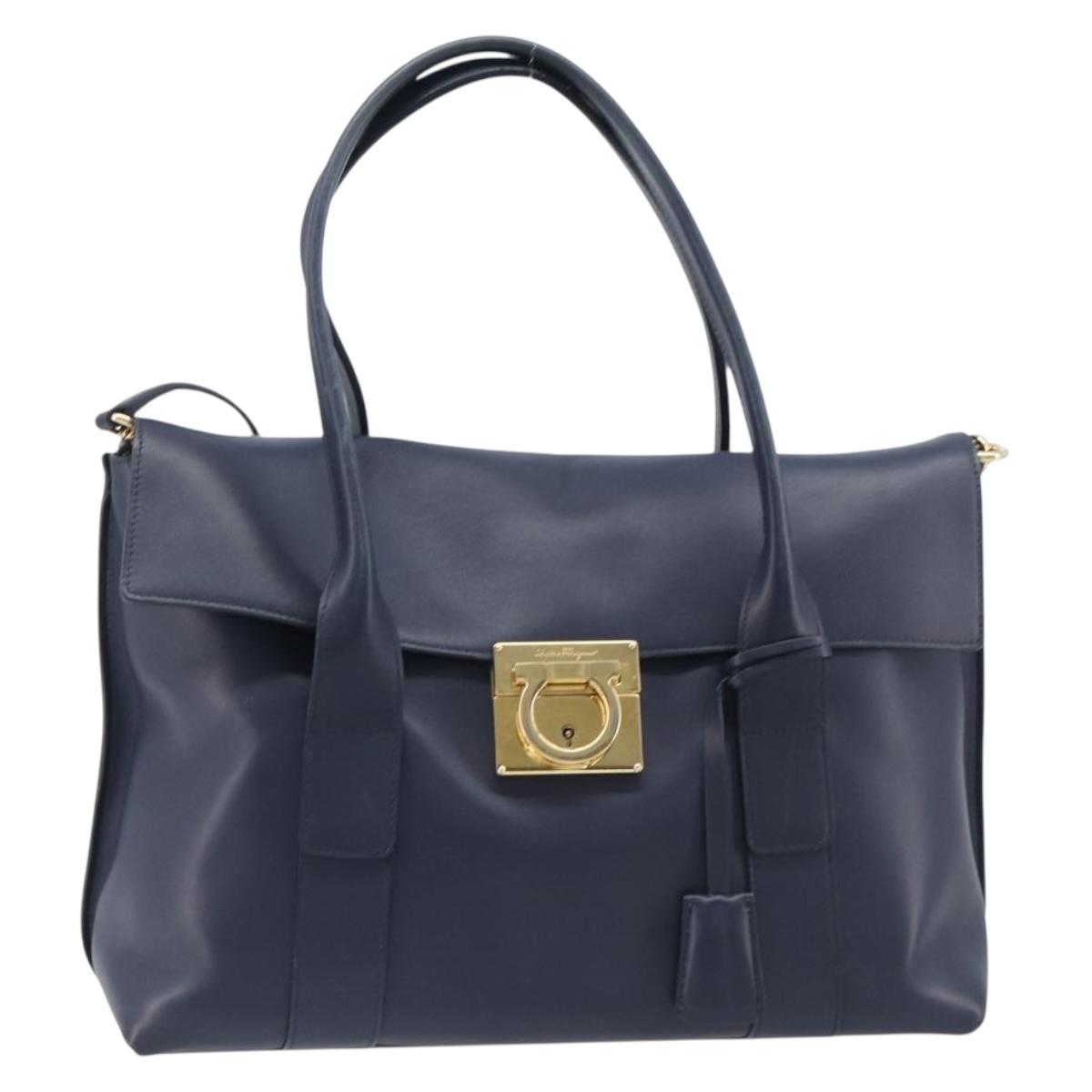 Salvatore Ferragamo Hand Bag Leather 2way Navy Gold Auth 167838A