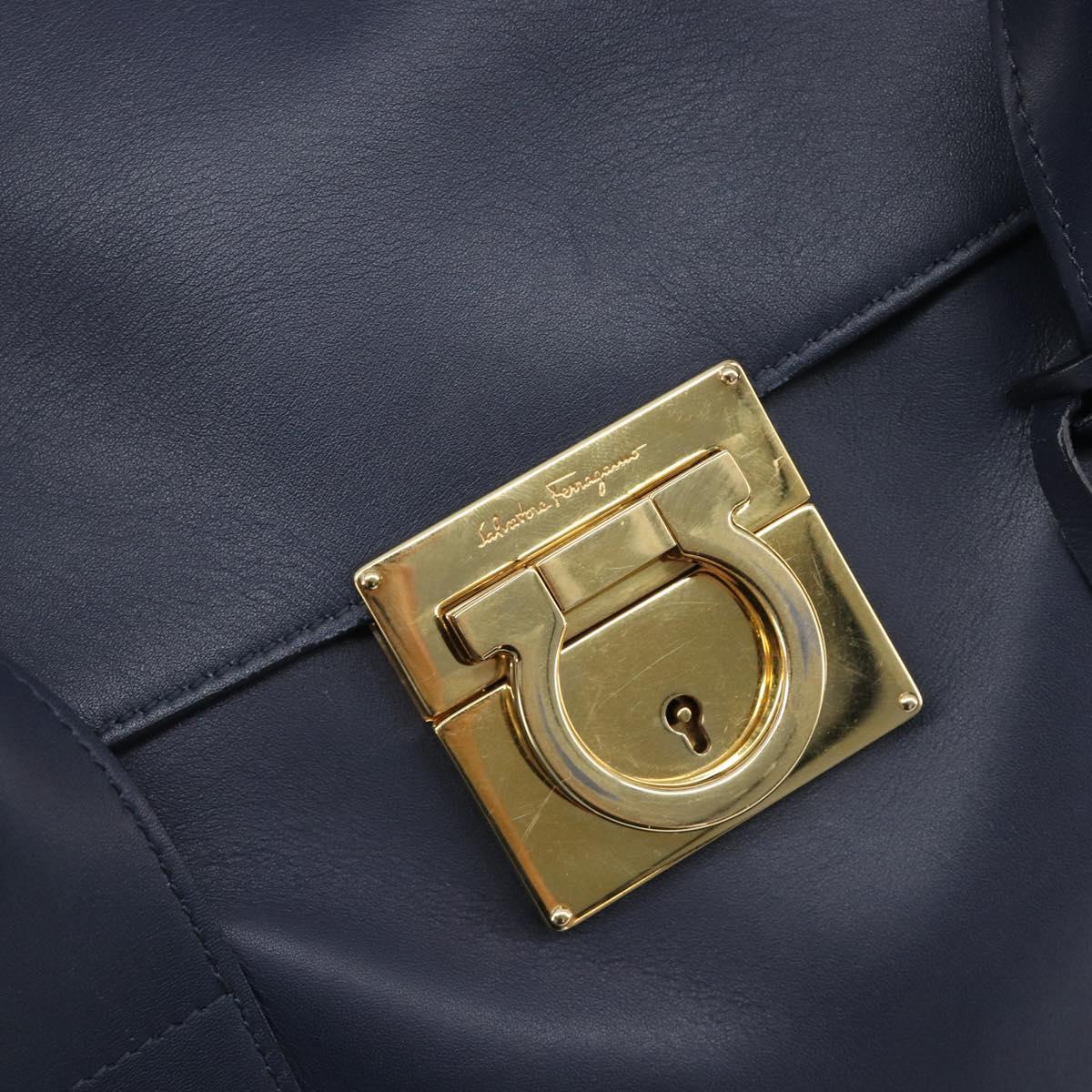 Salvatore Ferragamo Hand Bag Leather 2way Navy Gold Auth 167838A