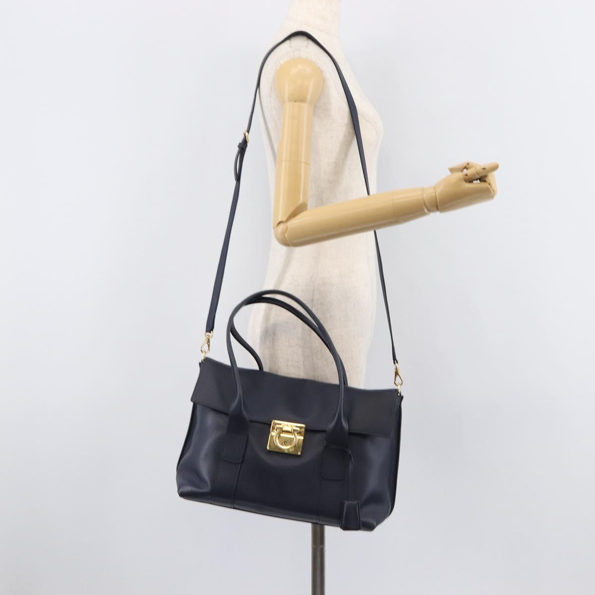 Salvatore Ferragamo Hand Bag Leather 2way Navy Gold Auth 167838A