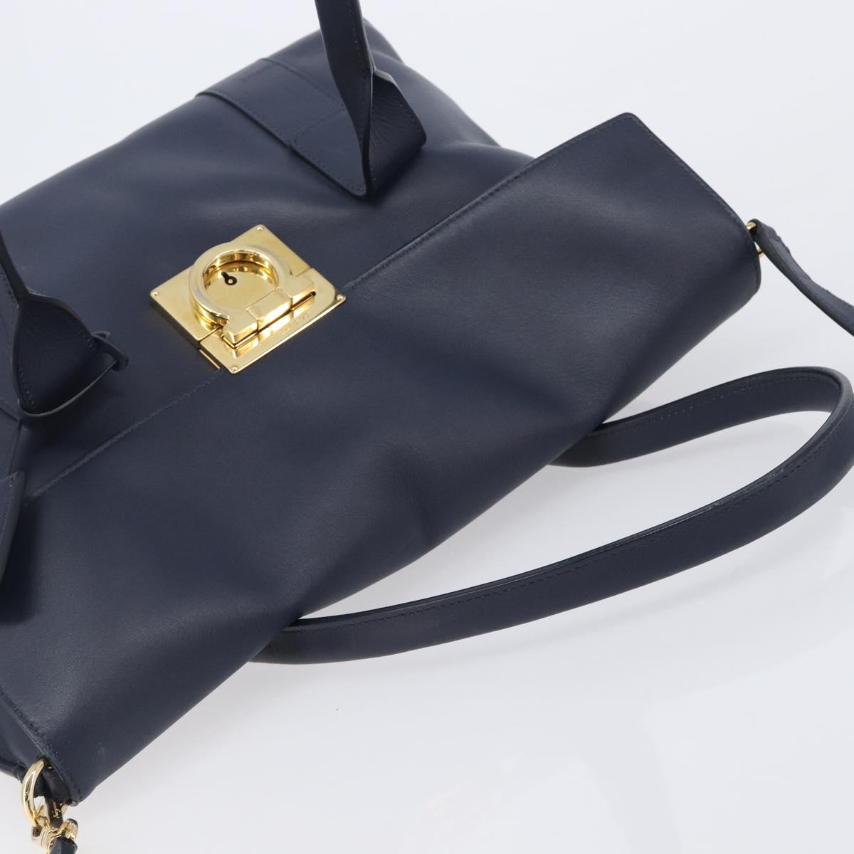 Salvatore Ferragamo Hand Bag Leather 2way Navy Gold Auth 167838A