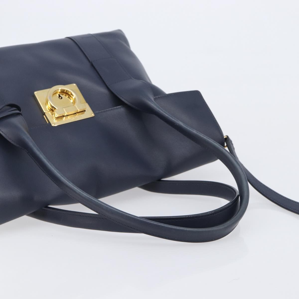 Salvatore Ferragamo Hand Bag Leather 2way Navy Gold Auth 167838A