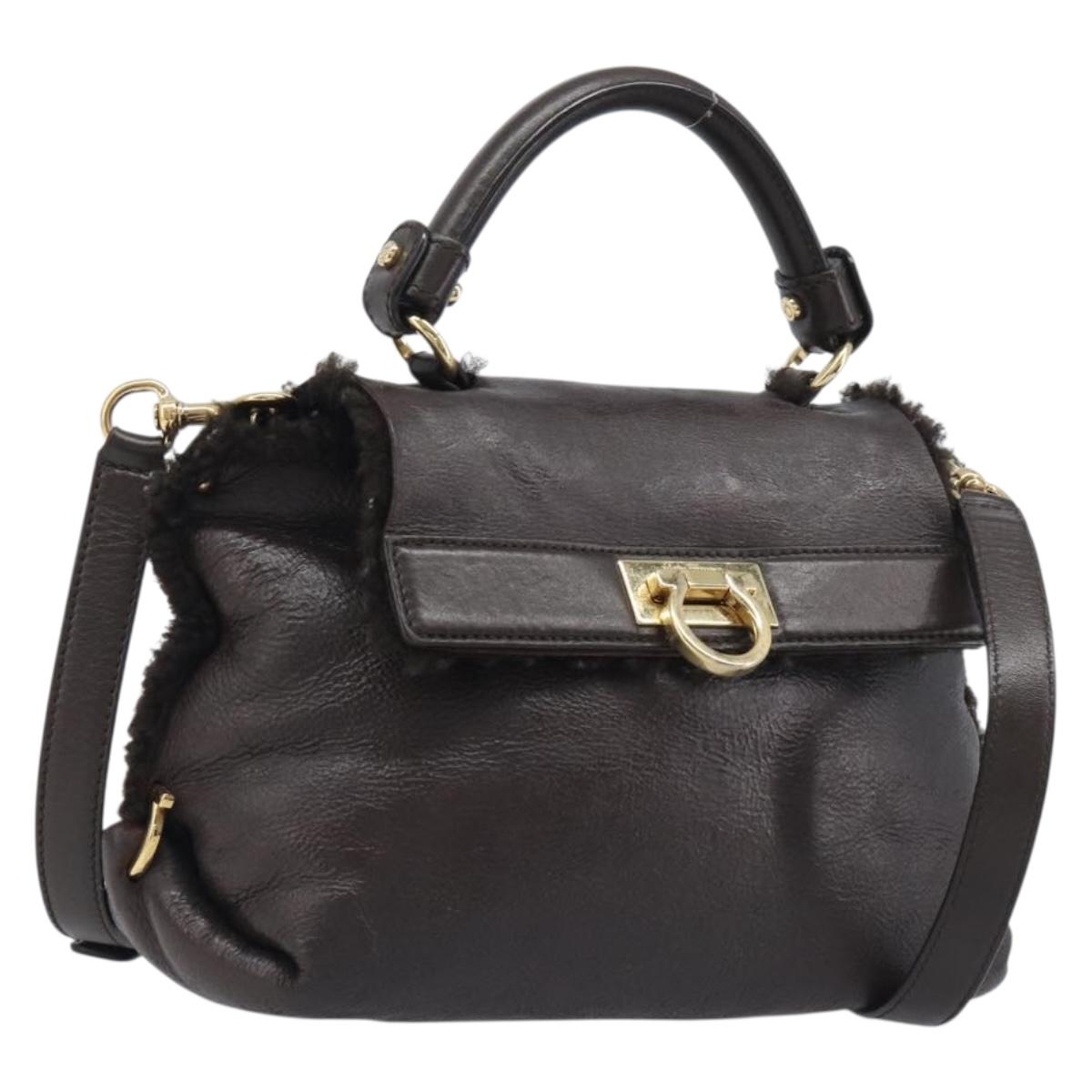 Salvatore Ferragamo Hand Bag Leather 2way Brown Gold Auth 167842A
