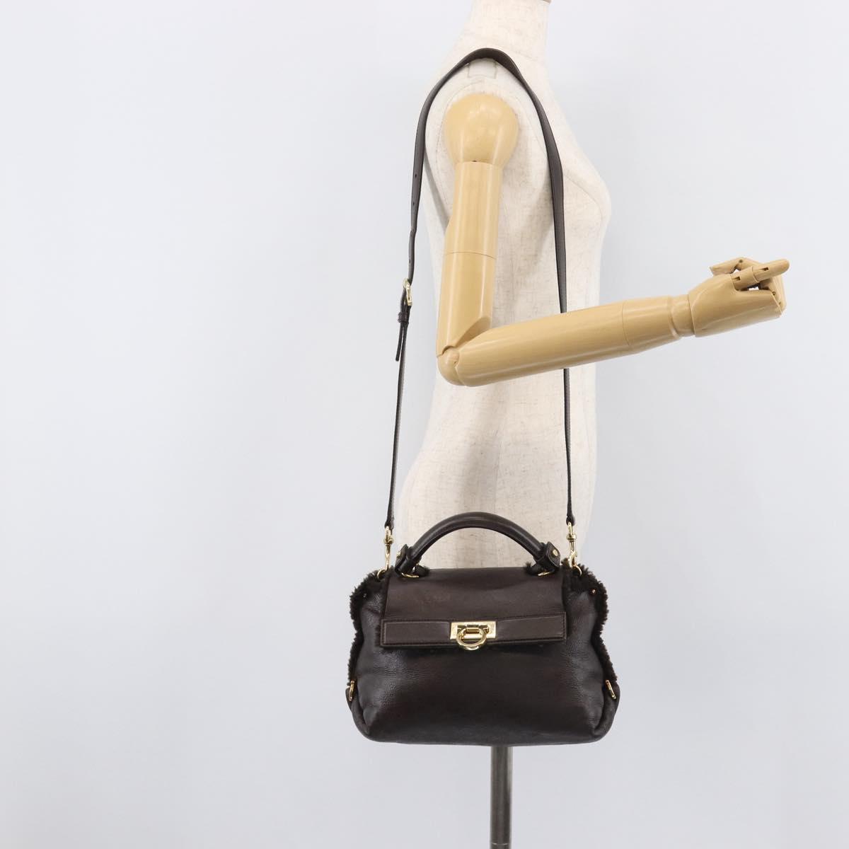 Salvatore Ferragamo Hand Bag Leather 2way Brown Gold Auth 167842A
