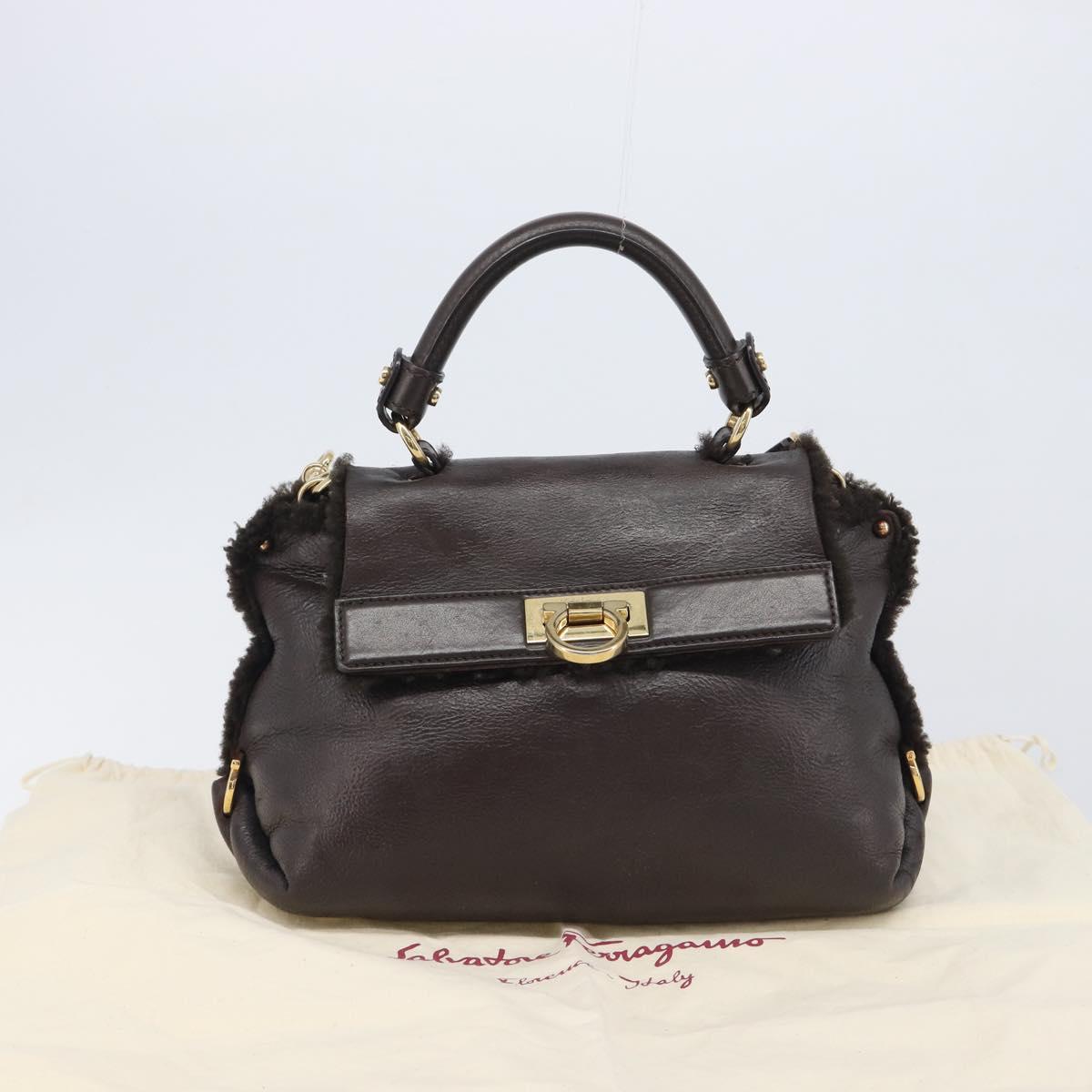 Salvatore Ferragamo Hand Bag Leather 2way Brown Gold Auth 167842A