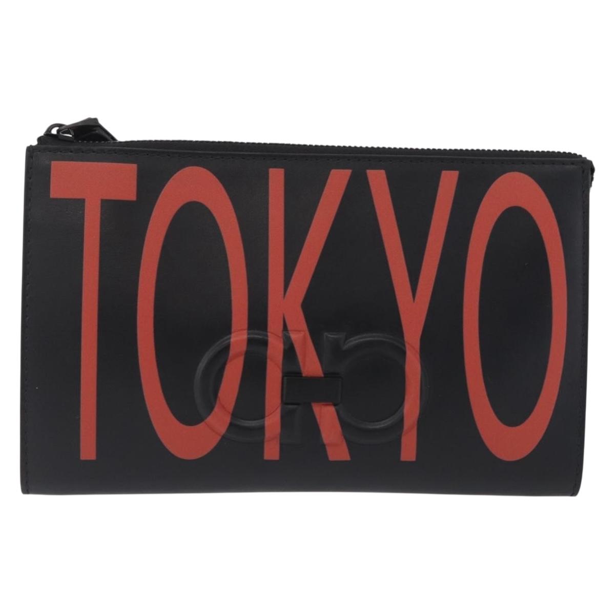 Salvatore Ferragamo Gancini Clutch Bag Leather Black Auth 167845V