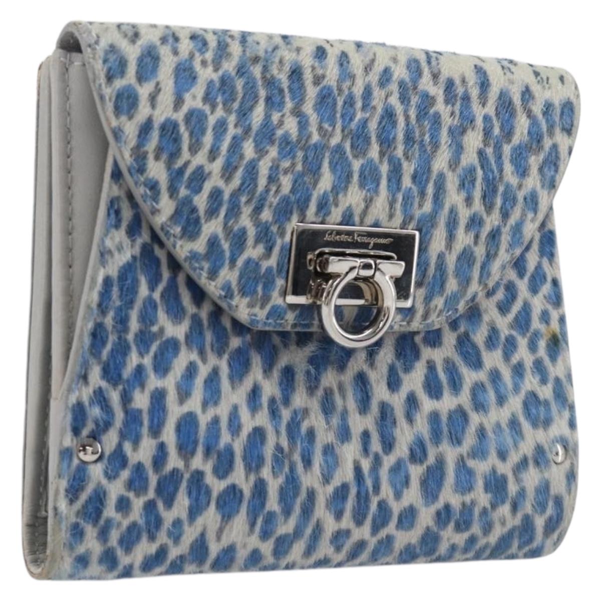 Salvatore Ferragamo Gancini Bifold Wallet Harako Leather Blue Silver Auth 167848