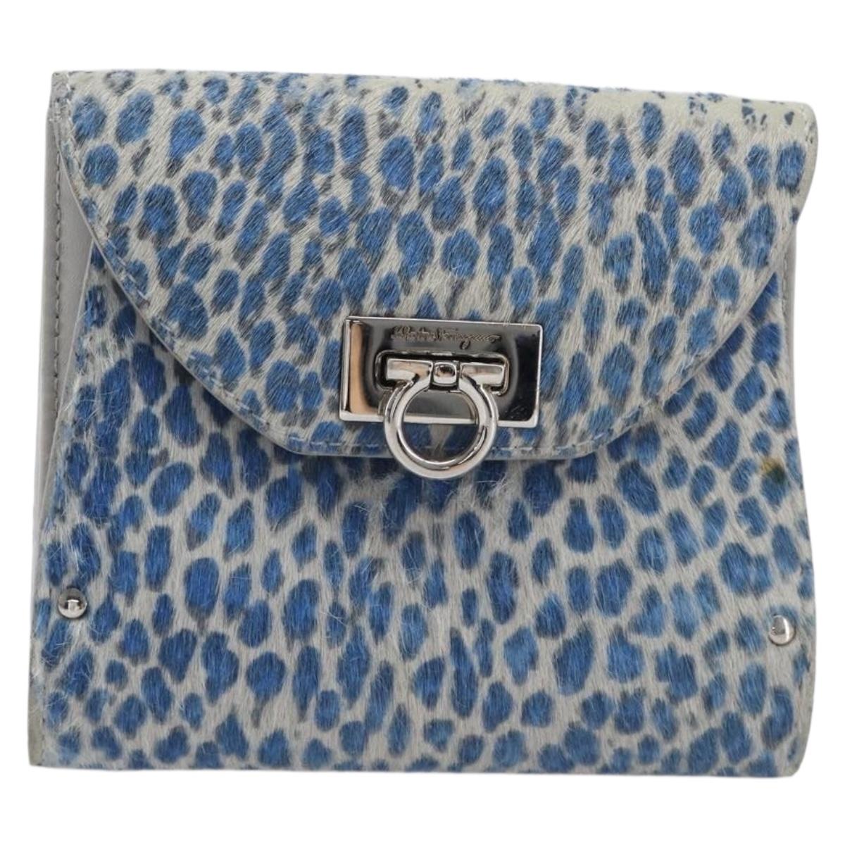 Salvatore Ferragamo Gancini Bifold Wallet Harako Leather Blue Silver Auth 167848