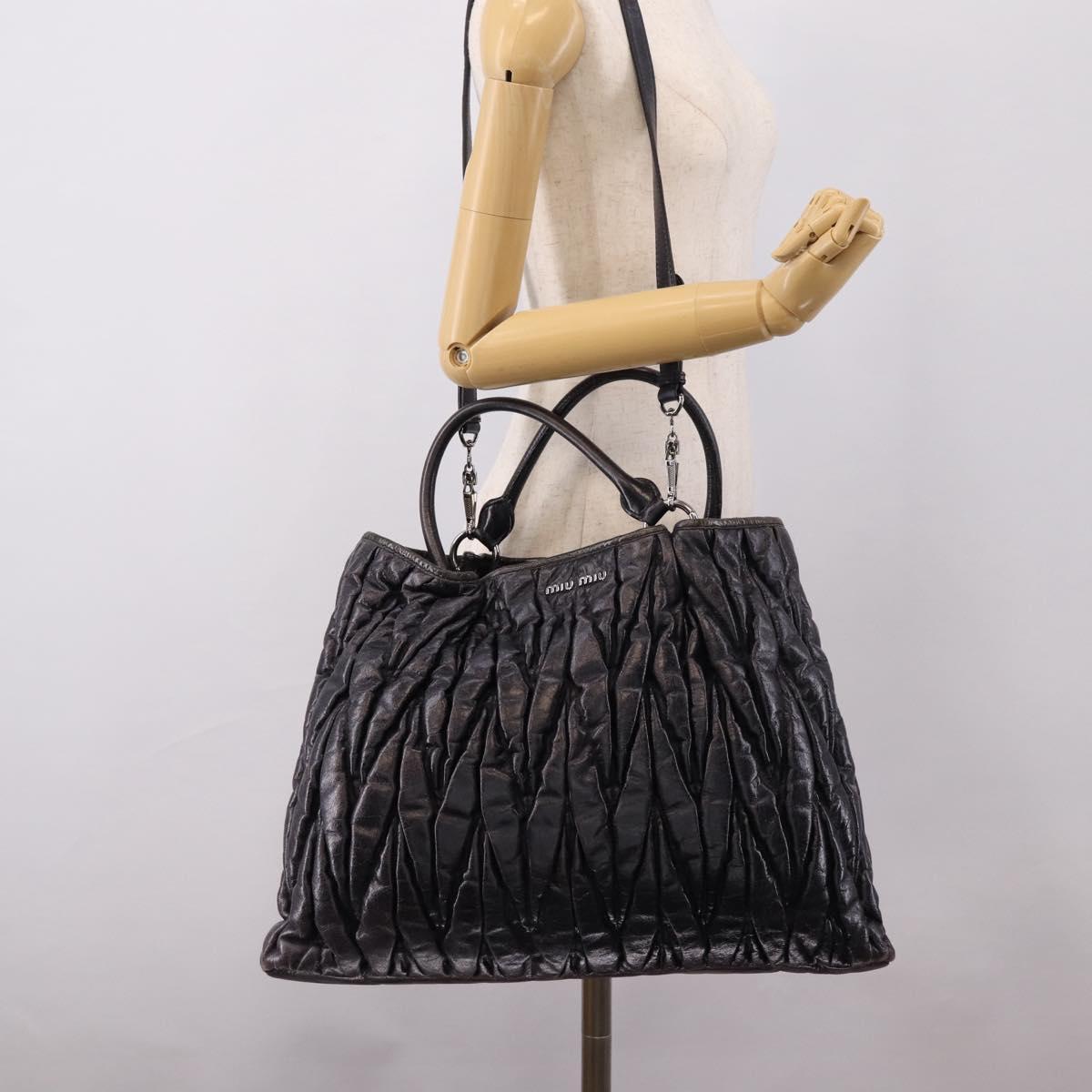 Miu Miu Matelasse Hand Bag Leather 2way Black Silver Auth 167850A