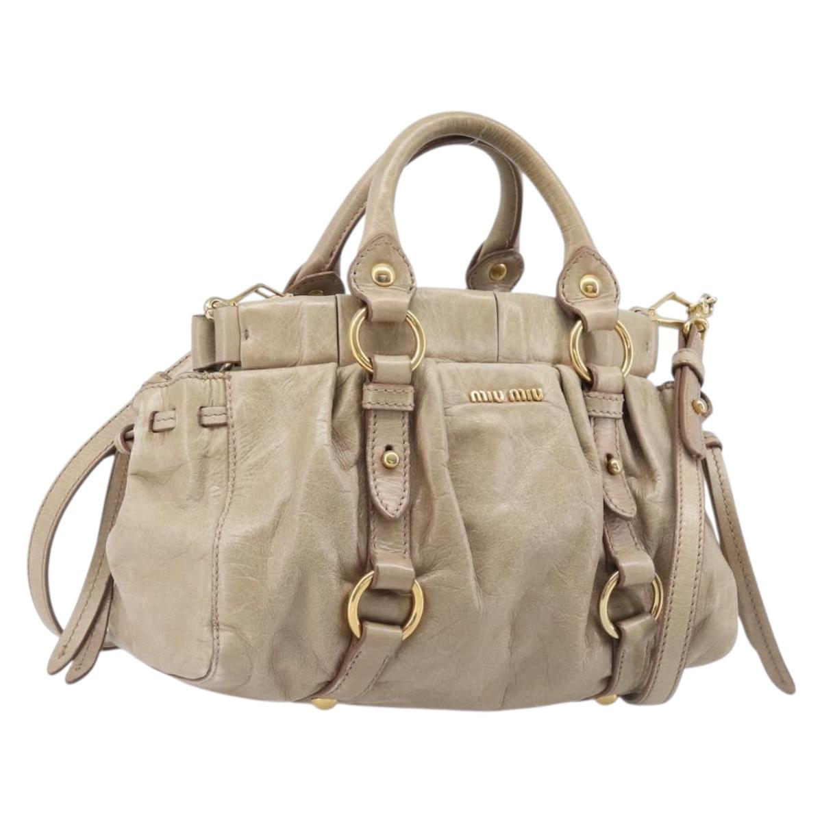 Miu Miu Hand Bag Leather 2way Beige Gold Auth 167884M