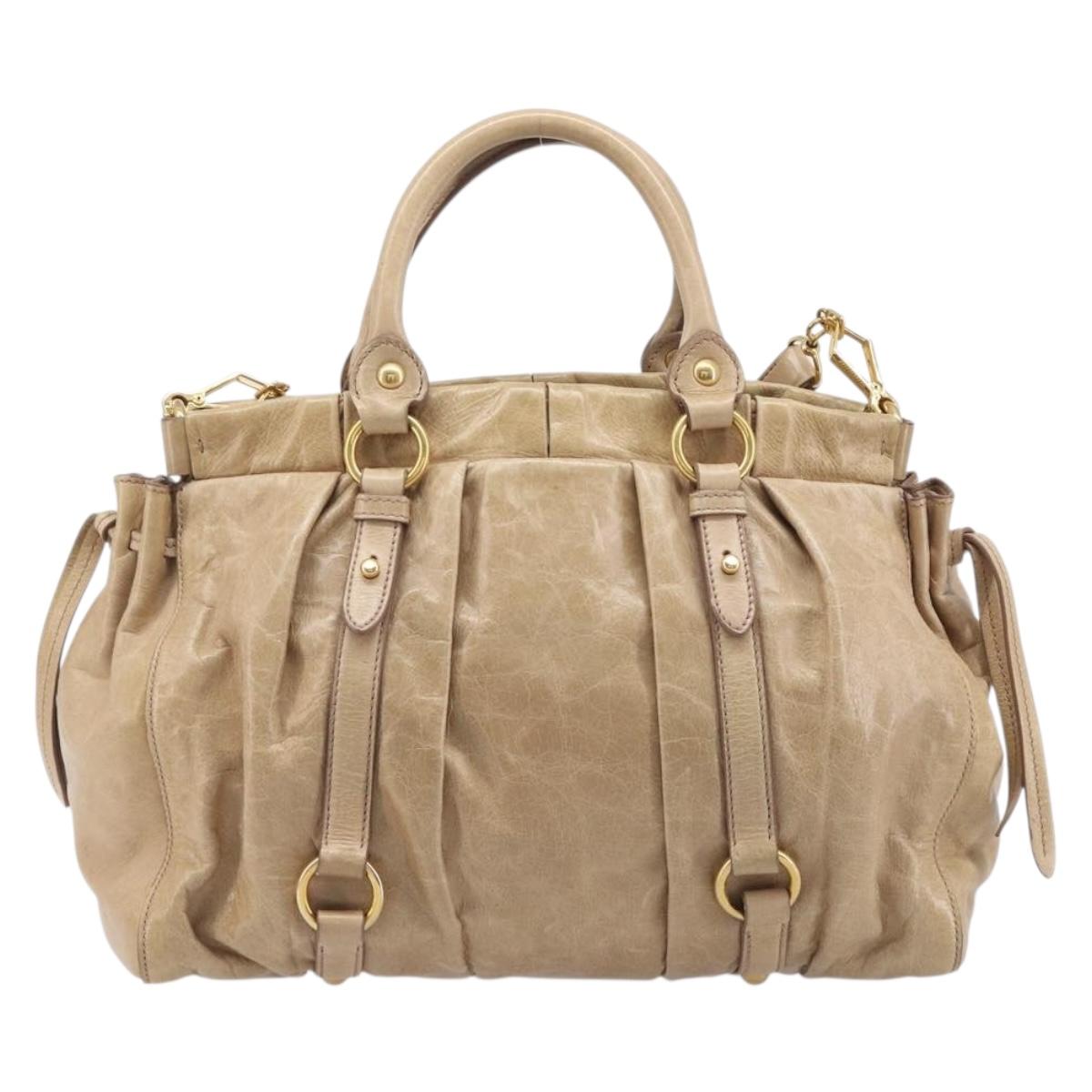 Miu Miu Hand Bag Leather 2way Beige Gold Auth 167886M
