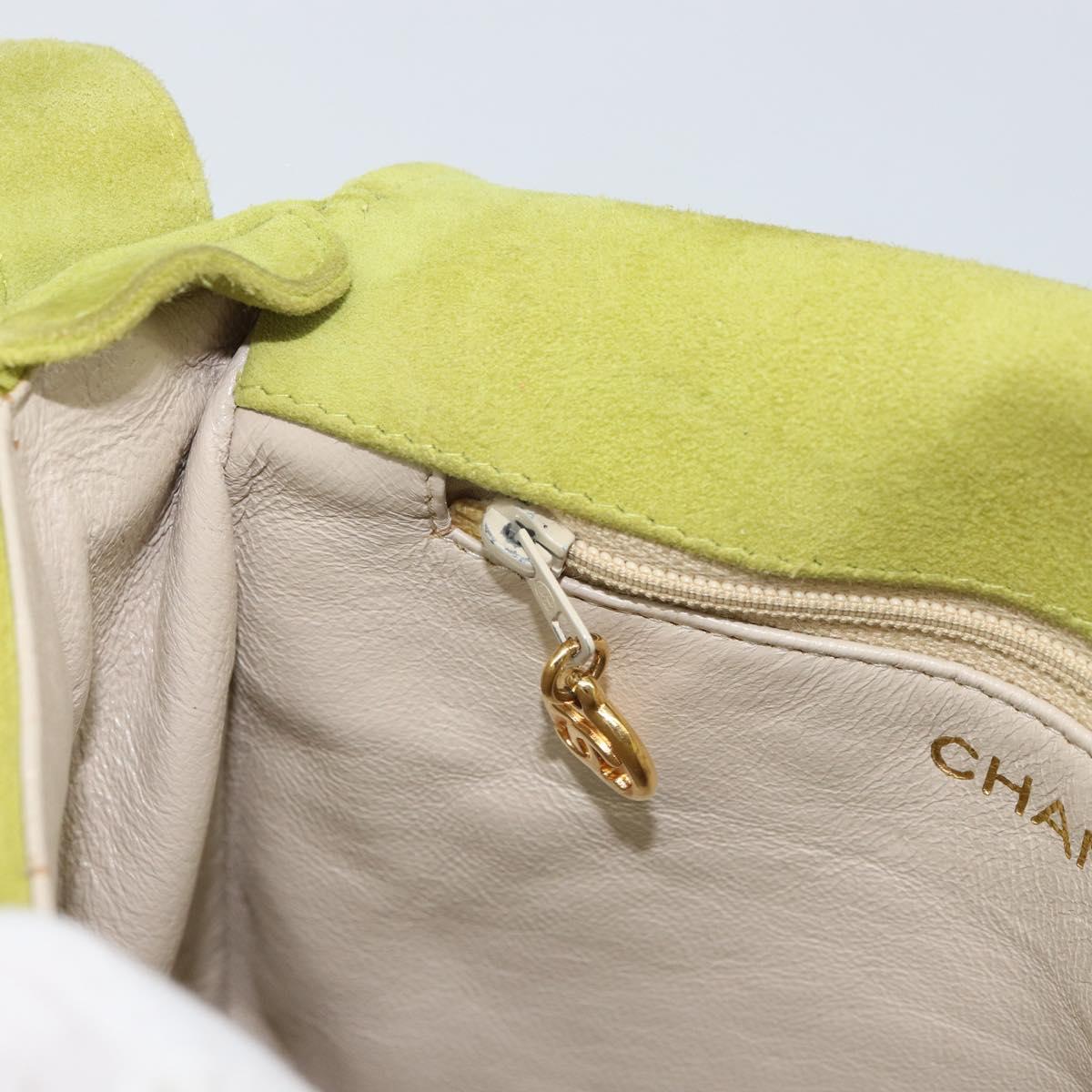 CHANEL V Stitch Shoulder Bag Suede Green Gold CC Auth 167900